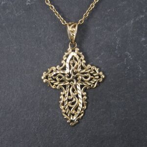 Vintage 10K Yellow Gold Diamond Cut Filigree Cross Pendant